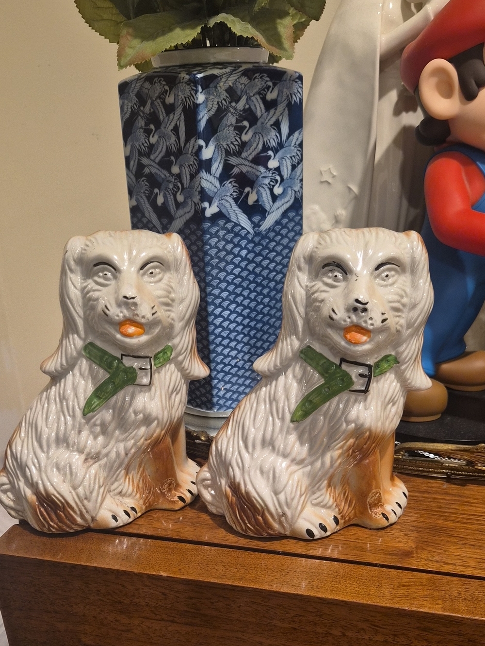 Pair of White and Brown Ceramic Dog Figurines with Green Collars